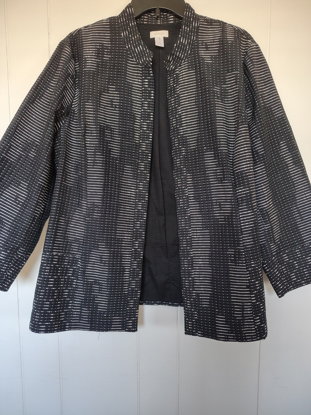 Chico's Black and White Open Front Patterned Jacket Size 3.